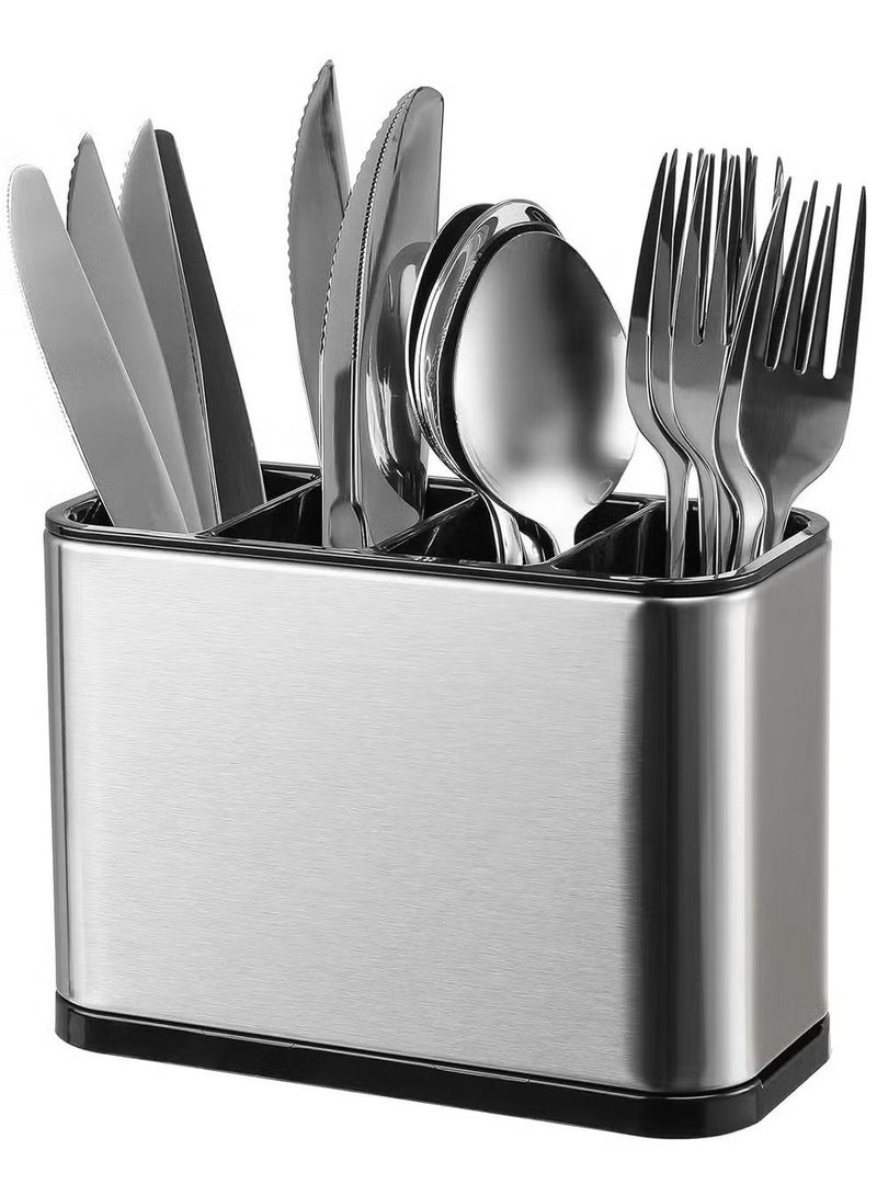 ترينفي حامل أدوات طهي كبير من الفولاذ المقاوم للصدأ بأربعة أقسام، مقاوم للصدأ، مزود بقاعدة مانعة للانزلاق ومصفاة، منظم أدوات مائدة للملاعق والشوك وعيدان الطعام والسكاكين، سلة تخزين للمطبخ - Image 1